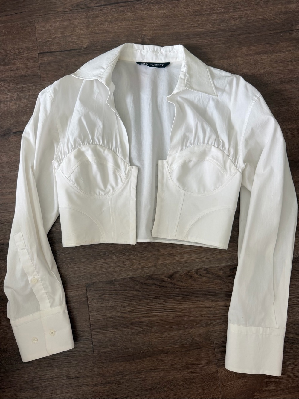 Zara White Cropped Bustier Button-Down Shirt
